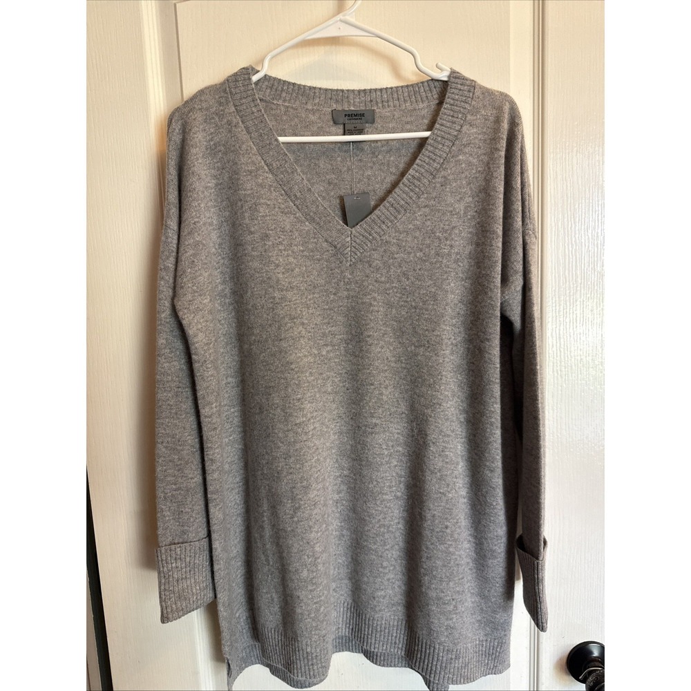 PREMISE 100% CASHMERE V NECK PULLOVER SWEATER in Gray NWT Medium cuffed sleeves